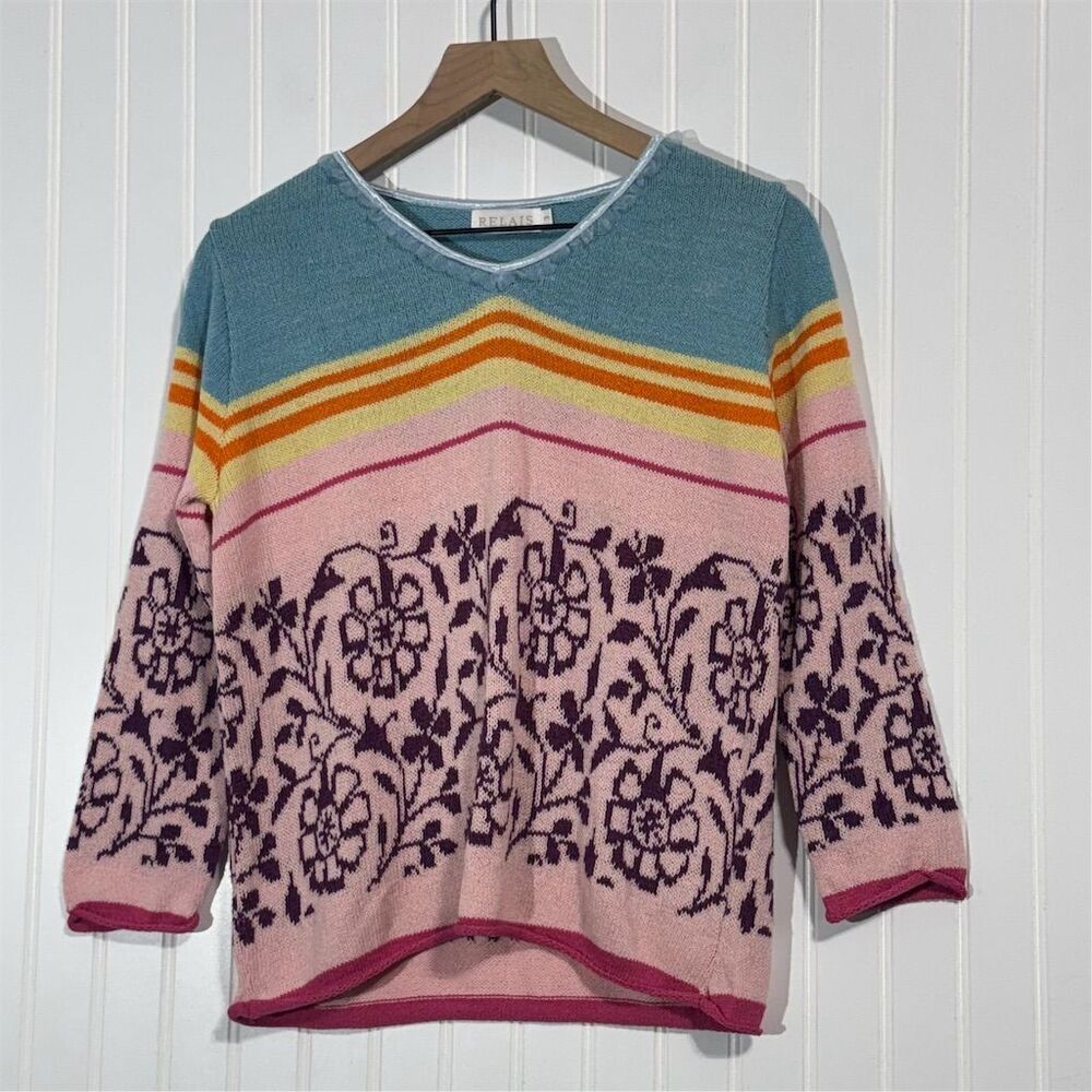 Relais Vintage Wool Blend Sweater Women’s M Made in USA Floral Stripe Whimsigoth